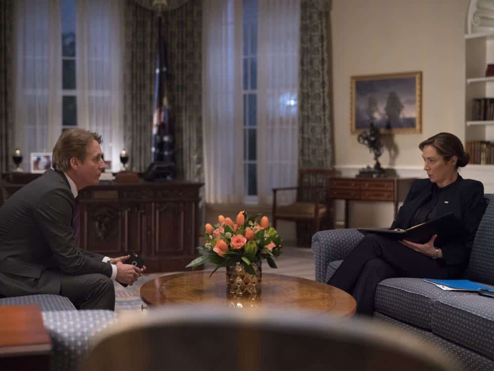 Linus Roache as David Wellington and Elizabeth Marvel as President Keane in HOMELAND (Season 7, Episode 10, "Clarity"). - Photo: Antony Platt/SHOWTIME
