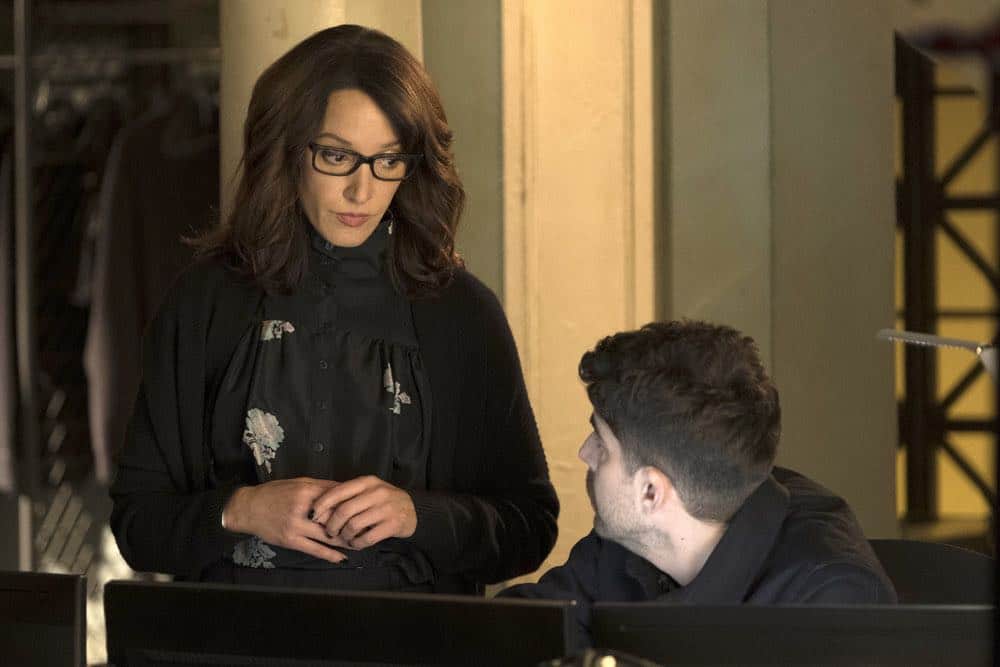 TAKEN -- "Imperium" Episode 212 -- Pictured: (l-r) Jennifer Beals as Christina Hart, Adam Goldberg as Kilroy -- (Photo by: Christos Kalohoridis/NBC)