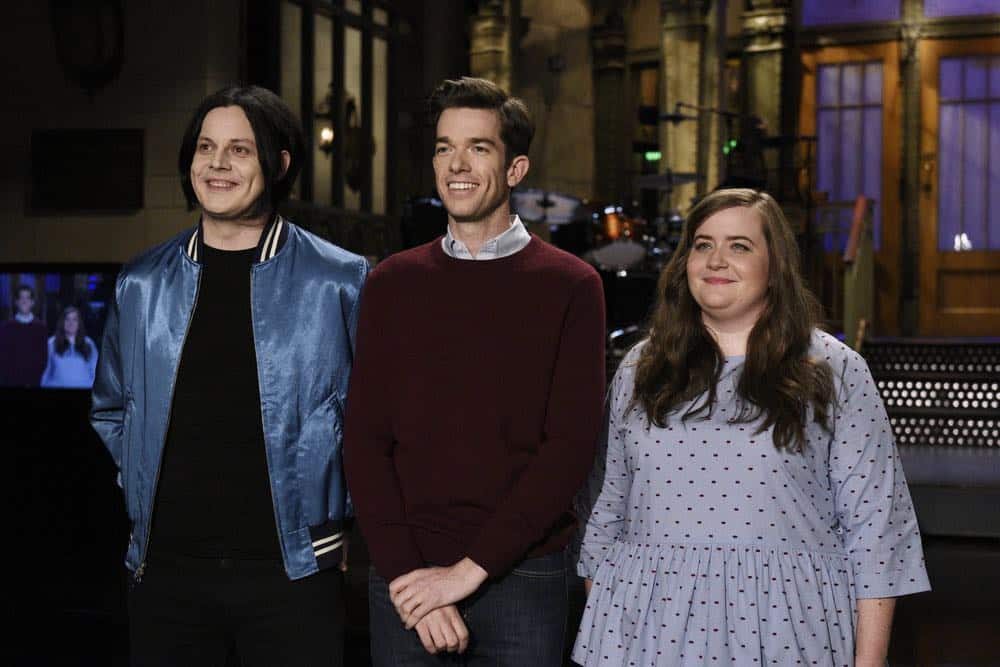 SATURDAY NIGHT LIVE -- Episode 1743 "John Mulaney" -- Pictured: (l-r) Musical Guest Jack White, Host John Mulaney, Aidy Bryant during a promo in 30 Rockefeller Plaza -- (Photo by: Rosalind O'Connor/NBC) SATURDAY NIGHT LIVE -- Episode 1743 "John Mulaney" -- Pictured: (l-r) Musical Guest Jack White, Host John Mulaney, Aidy Bryant during a promo in 30 Rockefeller Plaza -- (Photo by: Rosalind O'Connor/NBC)