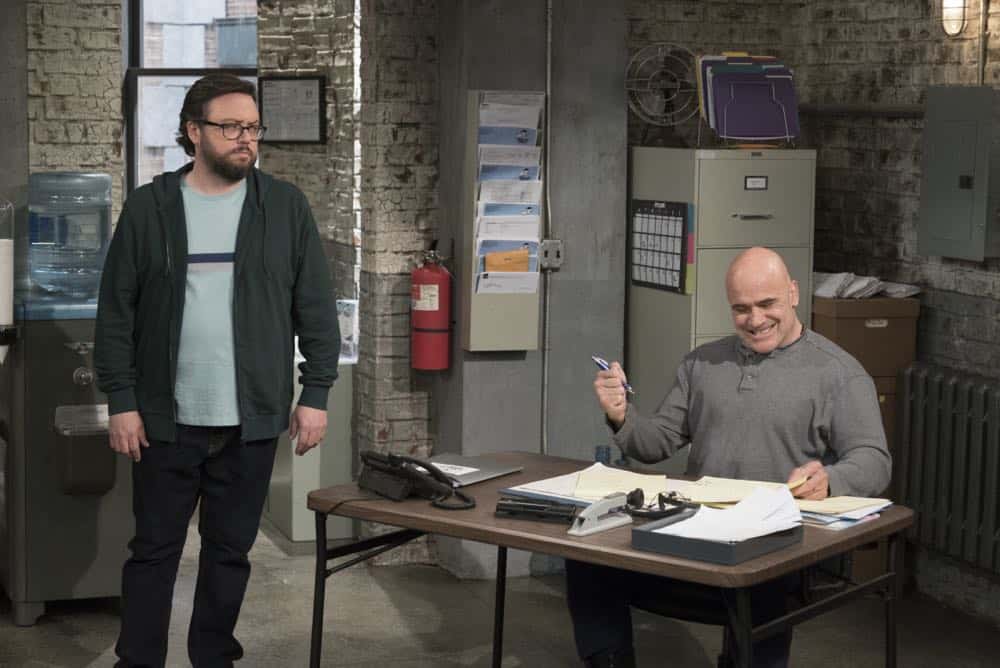 "Phat Monkey" -- When Monkey Fist lands Alviti's (Ralph Macchio) big account to provide security for his parking garages, Kevin inadvertently derails Rootger's efforts to study for his security guard test and puts the new job in jeopardy, much to Vanessa's dismay. Also, Kendra and Chale try to persuade an investor to help finance their brew pub idea, on KEVIN CAN WAIT, Monday, April 16 (8:00-8:30 PM, ET/PT) on the CBS Television Network. Pictured:Jay Klaitz, Bas Rutten. Photo: David M. Russell/CBS é2018 CBS Broadcasting, Inc. All Rights Reserved "Phat Monkey" -- When Monkey Fist lands Alviti's (Ralph Macchio) big account to provide security for his parking garages, Kevin inadvertently derails Rootger's efforts to study for his security guard test and puts the new job in jeopardy, much to Vanessa's dismay. Also, Kendra and Chale try to persuade an investor to help finance their brew pub idea, on KEVIN CAN WAIT, Monday, April 16 (8:00-8:30 PM, ET/PT) on the CBS Television Network. Pictured:Jay Klaitz, Bas Rutten. Photo: David M. Russell/CBS é2018 CBS Broadcasting, Inc. All Rights Reserved