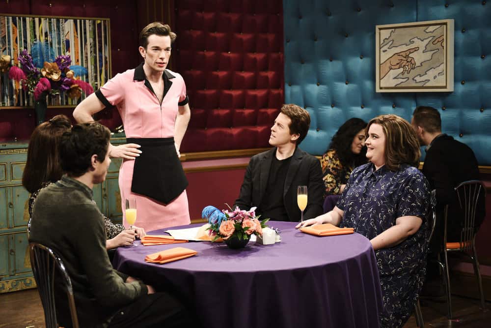 SATURDAY NIGHT LIVE -- Episode 1743 "John Mulaney" -- Pictured: (l-r) John Mulaney as Tawny Pockets/Milton Sauders, Alex Moffat as Gary Watson, Aidy Bryant during "Drag Brunch" in Studio 8H on Saturday, April 14, 2018 -- (Photo by: Will Heath/NBC)