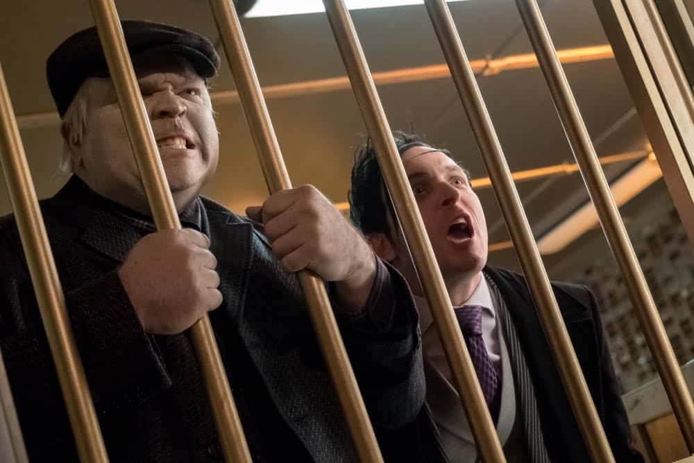 GOTHAM: L-R: Drew Powell and Robin Lord Taylor in the "A Dark Knight: To Our Deaths and Beyond" episode of GOTHAM airing Thursday, April 19 (8:00-9:00 PM ET/PT) on FOX. ©2018 Fox Broadcasting Co. Cr: FOX