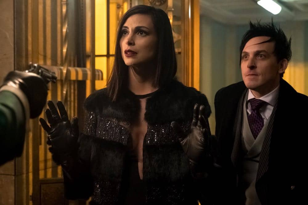 GOTHAM: L-R: Morena Baccarin and Robin Lord Taylor in the "A Dark Knight: To Our Deaths and Beyond" episode of GOTHAM airing Thursday, April 19 (8:00-9:00 PM ET/PT) on FOX. ©2018 Fox Broadcasting Co. Cr: FOX