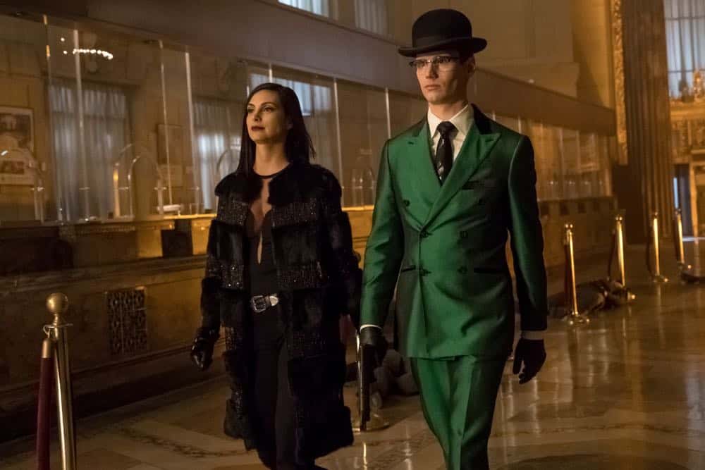 GOTHAM: L-R: Morena Baccarin and Cory Michael Smith in the "A Dark Knight: To Our Deaths and Beyond" episode of GOTHAM airing Thursday, April 19 (8:00-9:00 PM ET/PT) on FOX. ©2018 Fox Broadcasting Co. Cr: FOX