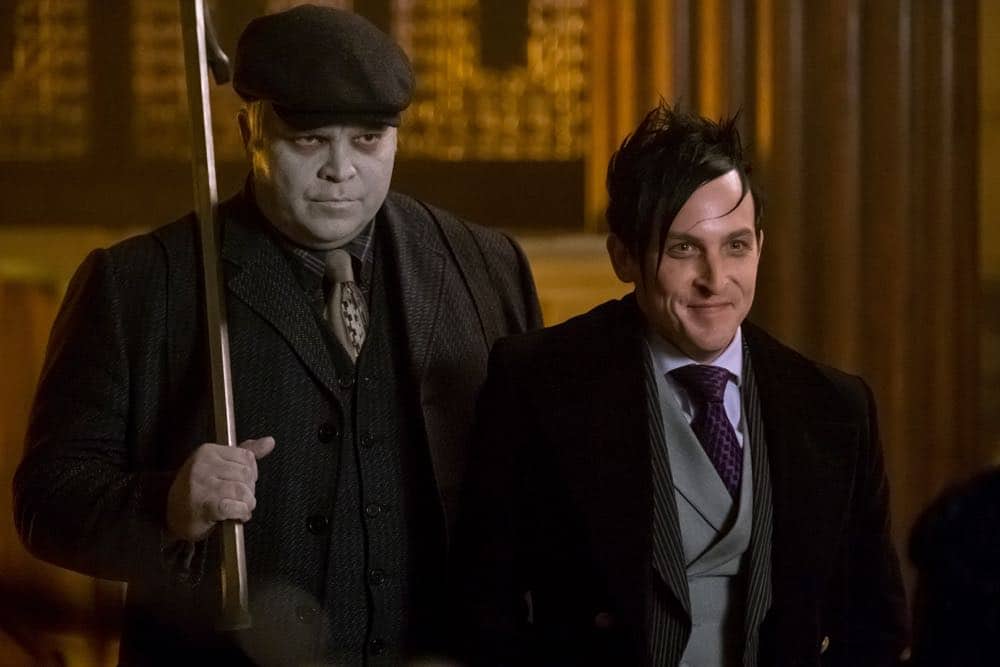 GOTHAM: L-R: Drew Powell and Robin Lord Taylor in the "A Dark Knight: To Our Deaths and Beyond" episode of GOTHAM airing Thursday, April 19 (8:00-9:00 PM ET/PT) on FOX. ©2018 Fox Broadcasting Co. Cr: FOX