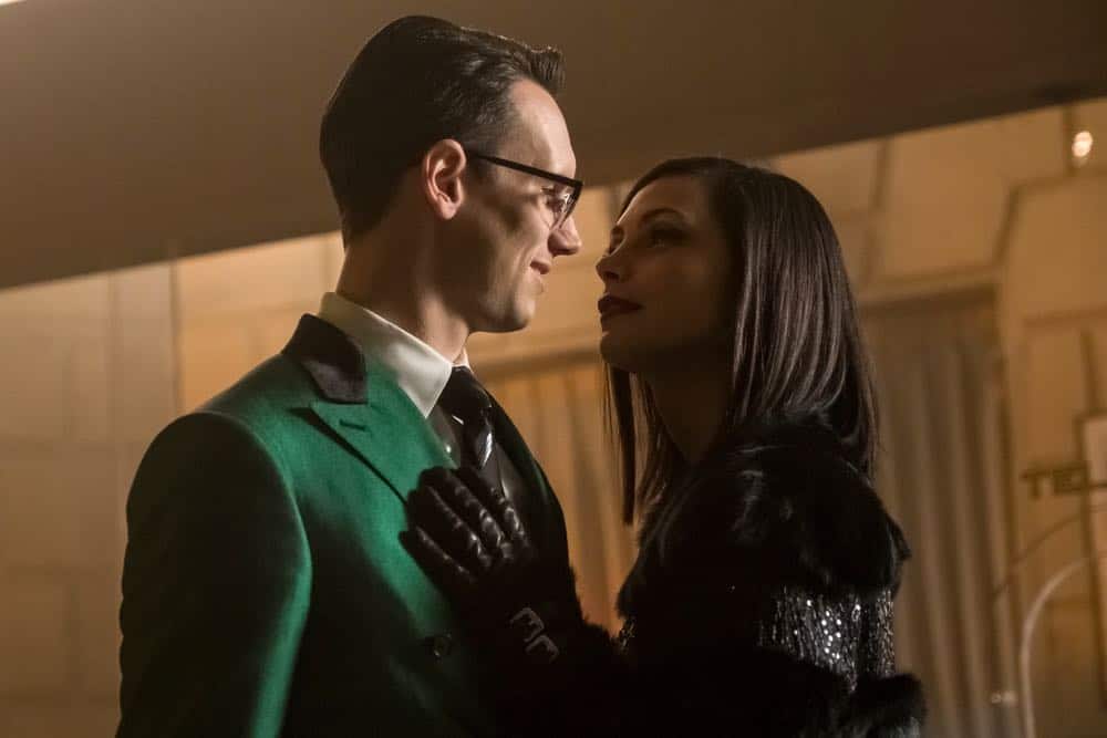GOTHAM: L-R: Cory Michael Smith and Morena Baccarin in the "A Dark Knight: To Our Deaths and Beyond" episode of GOTHAM airing Thursday, April 19 (8:00-9:00 PM ET/PT) on FOX. ©2018 Fox Broadcasting Co. Cr: FOX