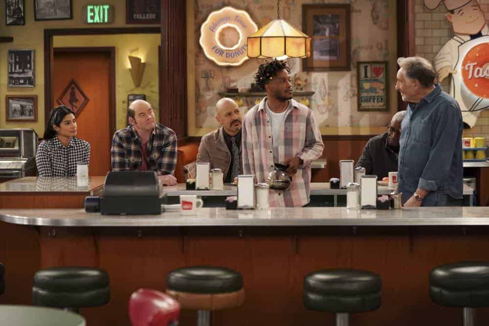 "Pedal to the Meddle"--Arthur's offer to teach Franco to drive hits a speed bump when a cop catches Arthur with an expired license. Also, Tush prepares to attend a princely wedding for his friend Harry, on SUPERIOR DONUTS, Monday, April 16 (9:00-9:30 PM, ET/PT), on the CBS Television Network. Pictured L-R: Diane Guerrero as Sofia, David Koechner as Tush, Maz Jobrani as Fawz, Jermaine Fowler as Franco, and Judd Hirsch as Arthur Photo: Ron P. Jaffe/CBS é2018 CBS Broadcasting, Inc. All Rights Reserved
