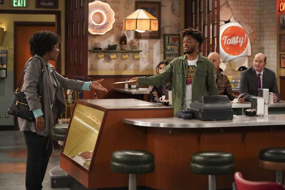 "Pedal to the Meddle"--Arthur's offer to teach Franco to drive hits a speed bump when a cop catches Arthur with an expired license. Also, Tush prepares to attend a princely wedding for his friend Harry, on SUPERIOR DONUTS, Monday, April 16 (9:00-9:30 PM, ET/PT), on the CBS Television Network. Pictured L-R: Cesili Williams as Customer, Diane Guerrero as Sofia, Jermaine Fowler as Franco, Maz Jobrani as Fawz, and David Koechner as Tush Photo: Ron P. Jaffe/CBS é2018 CBS Broadcasting, Inc. All Rights Reserved