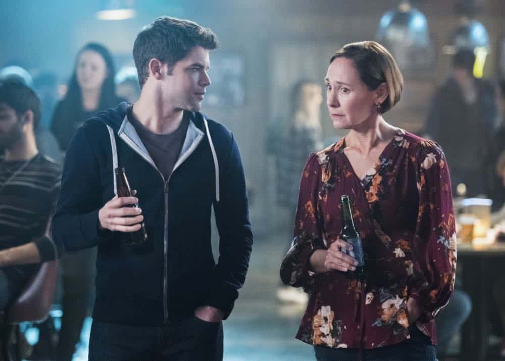 Supergirl -- "Schott Through the Heart" -- Image Number: SPG314b_0286.jpg -- Pictured (L-R): Jeremy Jordan as Winn and Laurie Metcalf as Mary McGowan -- Photo: Dean Buscher/The CW -- é 2018 The CW Network, LLC. All rights reserved.