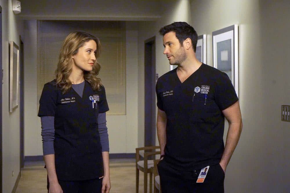 CHICAGO MED -- "An Inconvenient Truth" Episode 316 -- Pictured: (l-r) Norma Kuhling as Ava Bekker, Colin Donnell as Connor Rhodes -- (Photo by: Elizabeth Sisson/NBC)