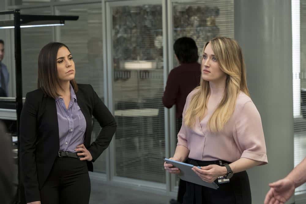 BLINDSPOT -- "Clamorous Night" Episode 318 -- Pictured: (l-r) Audrey Esparza as Tasha Zapata, Ashley Johnson as Patterson -- (Photo by: David Giesbrecht/NBC/Warner Bros) BLINDSPOT -- "Clamorous Night" Episode 318 -- Pictured: (l-r) Audrey Esparza as Tasha Zapata, Ashley Johnson as Patterson -- (Photo by: David Giesbrecht/NBC/Warner Bros)