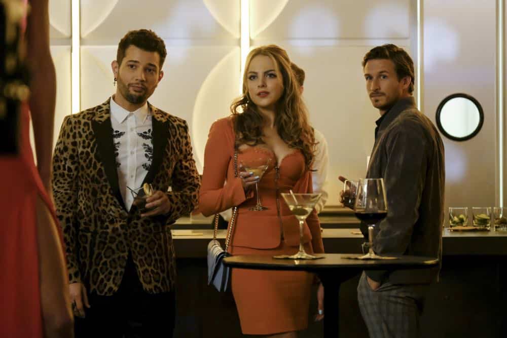 Dynasty -- "Use or Be Used"-- Image Number: DYN119b_0055b.jpg -- Pictured (L-R): Rafael De La Fuente as Sammy Jo, Elizabeth Gillies as Fallon and Adam Huber as Liam -- Photo: Erika Doss/The CW -- é 2018 The CW Network, LLC. All Rights Reserved