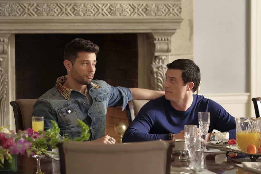 Dynasty -- "Use or Be Used"-- Image Number: DYN119a_0041bc.jpg -- Pictured (L-R): Rafael De La Fuente as Sammy Jo and James Mackay as Steven -- Photo: Mark Hill/The CW -- é 2018 The CW Network, LLC. All Rights Reserved