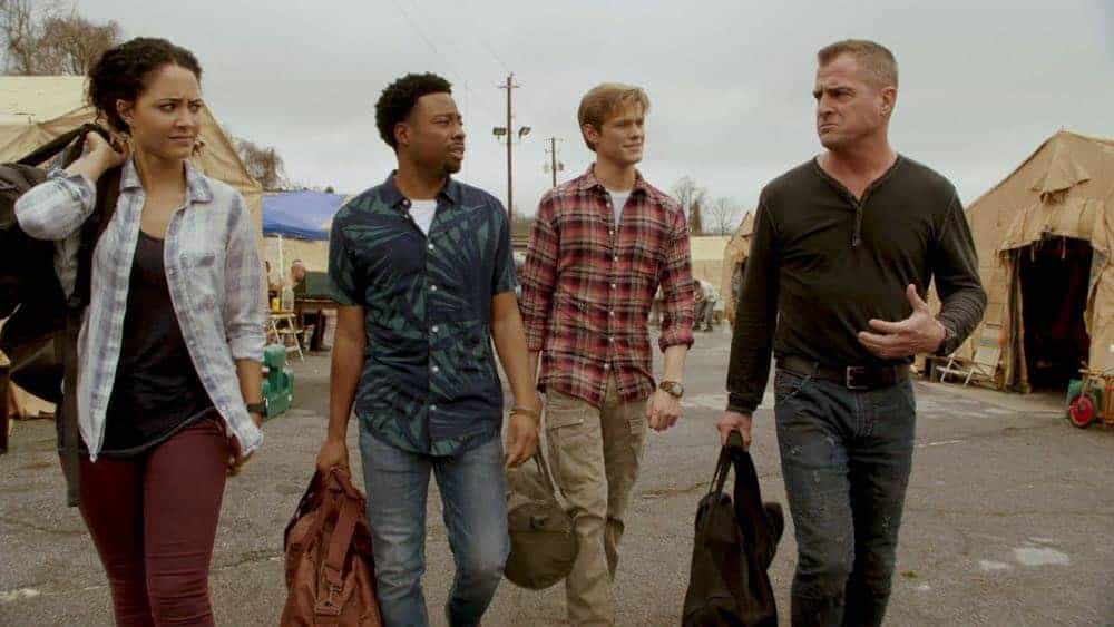 "Wind + Water" -- While MacGyver is in Puerto Rico helping his friend rebuild his hurricane-damaged home, he is taken hostage in the bank his friend manages when robbers attempt to steal $2 million, on MACGYVER, Friday, April 20 (8:00-9:00 PM, ET/PT) on the CBS Television Network. Pictured: Tristin Mays, Justin Hires, Lucas Till, George Eads. Photo: CBS é2018 CBS Broadcasting, Inc. All Rights Reserved