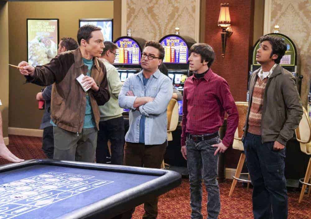 "The Monetary Insufficiency" - Pictured: Sheldon Cooper (Jim Parsons), Leonard Hofstadter (Johnny Galecki), Howard Wolowitz (Simon Helberg) and Rajesh Koothrappali (Kunal Nayyar). Sheldon goes to Vegas to win money for science. Also, Penny and Bernadette take Amy wedding dress shopping, but her terrible choice entangles them in a web of lies, on THE BIG BANG THEORY, Thursday, April 26 (8:00-8:31 PM, ET/PT) on the CBS Television Network. Photo: Bill Inoshita/CBS é2018 CBS Broadcasting, Inc. All Rights Reserved.