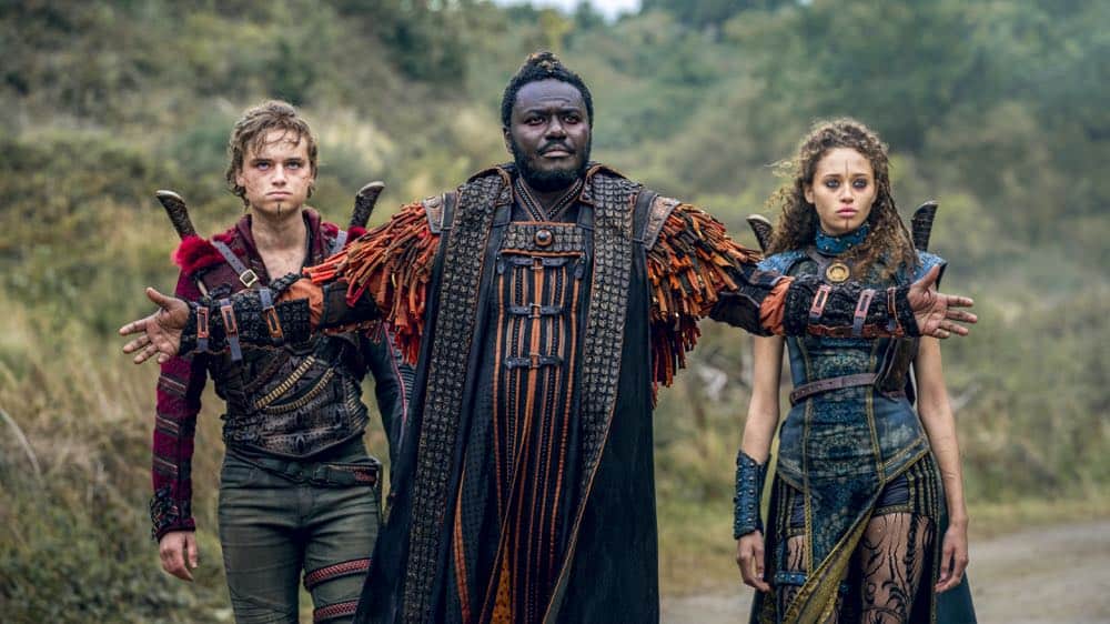 Dean-Charles Chapman as Castor, Babou Ceesay as Pilgrim, Ella-Rae Smith as Nix - Into the Badlands _ Season 3, Episode 1 - Photo Credit: Aidan Monaghan/AMC
