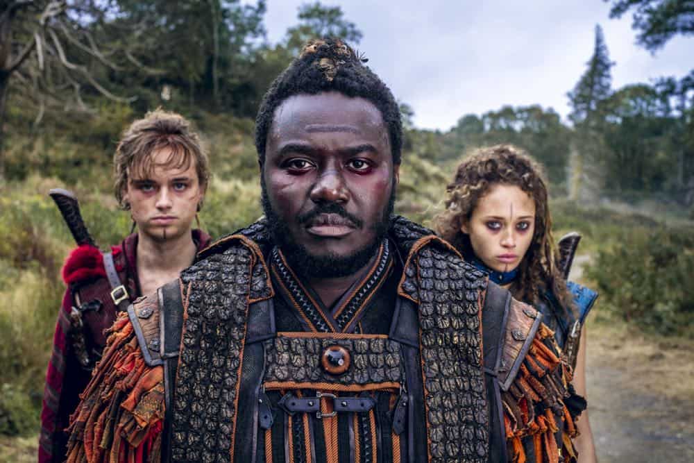 Dean-Charles Chapman as Castor, Babou Ceesay as Pilgrim, Ella-Rae Smith as Nix - Into the Badlands _ Season 3, Episode 1 - Photo Credit: Aidan Monaghan/AMC