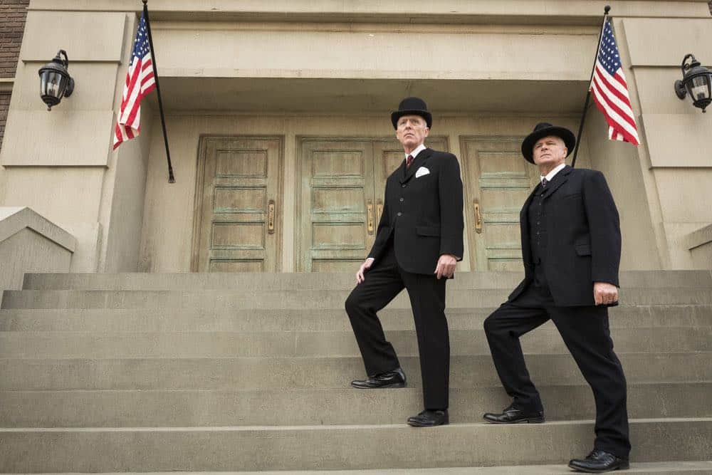 TIMELESS -- "Mrs. Sherlock Holmes" Episode 207 -- Pictured: (l-r) Bryan Scott Johnson as President Woodrow Wilson, Tom Virtue as Senator James Wadsworth -- (Photo by: Justin Lubin/NBC)