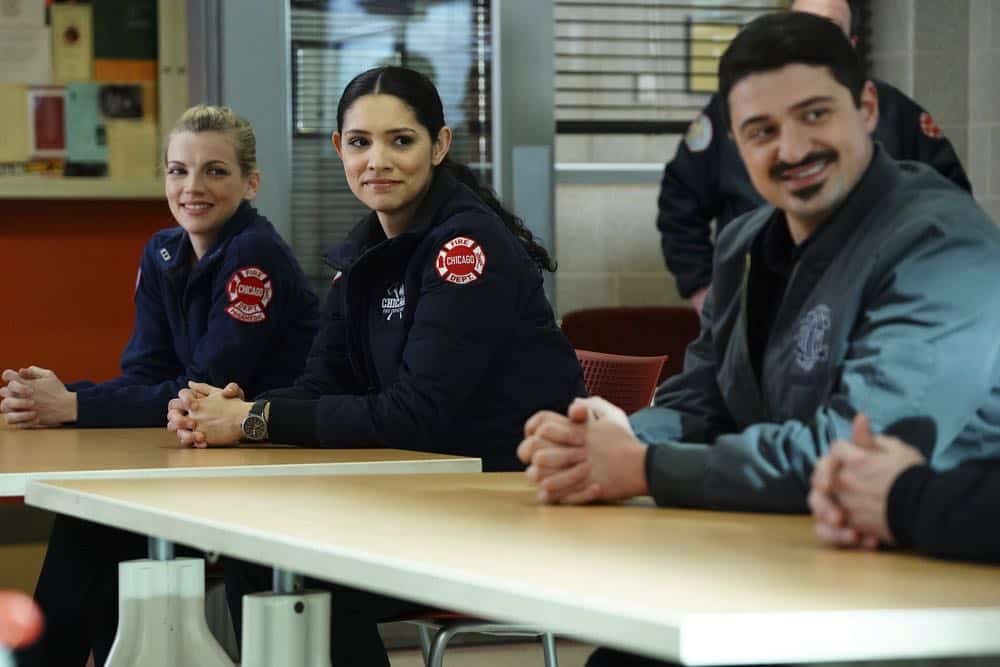 CHICAGO FIRE -- "The Strongest Among Us" Episode 620 -- Pictured: (l-r) Kara Killmer as Sylvie Brett, Miranda Rae Mayo as Stella Kidd, Yuri Sardarov as Otis -- (Photo by: Elizabeth Morris/NBC)