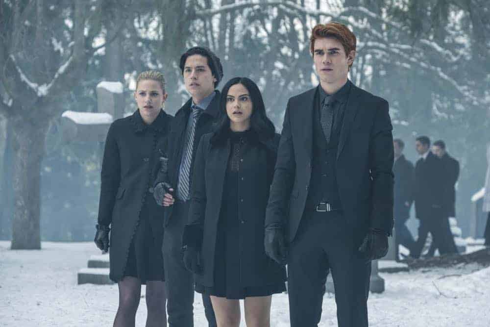 Riverdale -- "Chapter Thirty-Two: Prisoners" -- Image Number: RVD219b_0294.jpg -- Pictured (L-R): Lili Reinhart as Betty, Cole Sprouse as Jughead, Camila Mendes as Veronica and KJ Apa as Archie -- Photo: Katie Yu/The CW -- é 2018 The CW Network, LLC. All Rights Reserved.