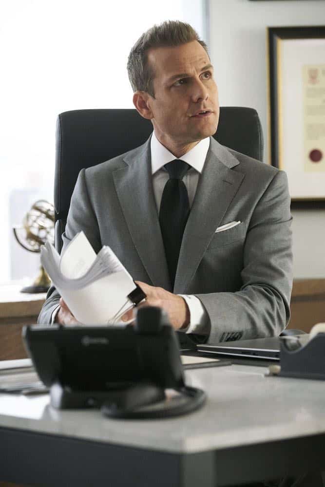 SUITS -- "Tiny Violin" Episode 715 -- Pictured: Gabriel Macht as Harvey Specter -- (Photo by: Ian Watson/USA Network) SUITS -- "Tiny Violin" Episode 715 -- Pictured: Gabriel Macht as Harvey Specter -- (Photo by: Ian Watson/USA Network)