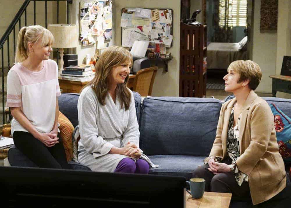 "A Taco Bowl and a Tubby Seamstress" -- Christy is concerned that she and Bonnie might lose their apartment when Bonnie locks horns with the tough new building owner, Rita (Patti Lupone), on MOM, Thursday, April 26 (9:01-9:30 PM, ET/PT) on the CBS Television Network. Pictured L to R: Anna Faris as Christy, Allison Janney as Bonnie, and Patti Lupone as Rita. Photo: Monty Brinton/CBS é2018 CBS Broadcasting, Inc. All Rights Reserved