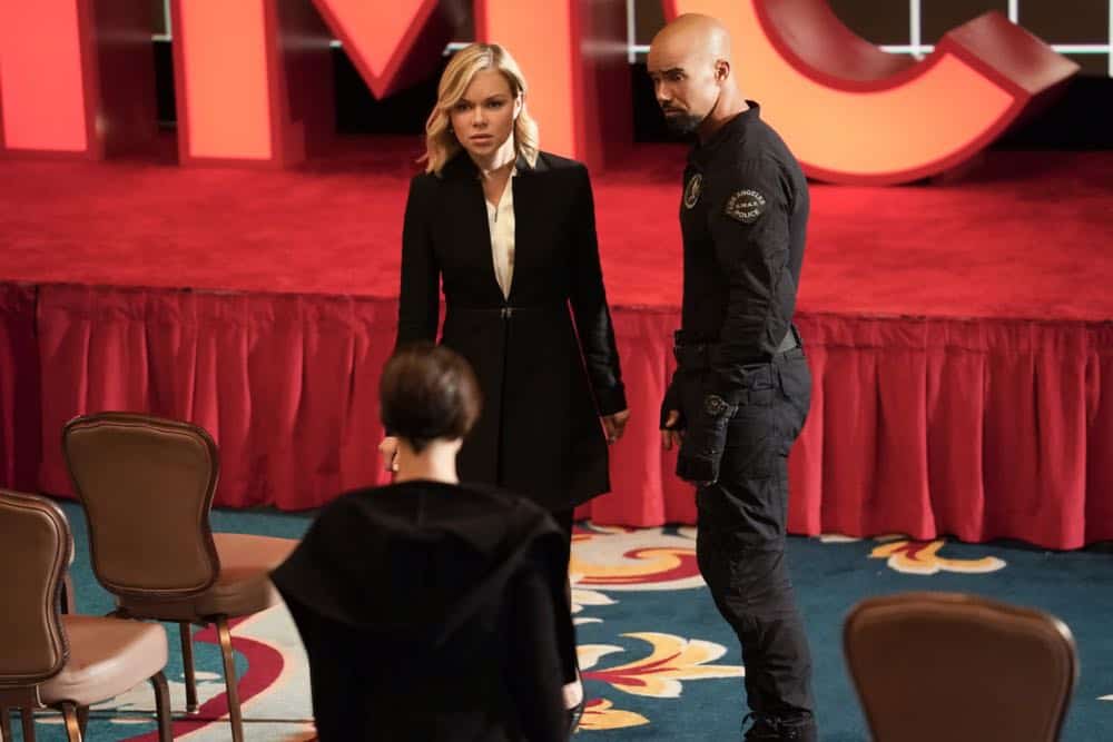 "Source" -- Jim Street debates whether or not his mother, Karen (Sherilyn Fenn), should live with him upon her prison release after Hondo and Chris warn him against it. Also, Hondo and the team are assigned to protect Irina Zemanova (Anya Monzikova), a high profile Russian journalist visiting Los Angeles, from being assassinated, on S.W.A.T., Thursday, April 26 (10:00-11:00, ET/PT) on the CBS Television Network. Pictured Left to right: Anya Monzikova as Irina Zemanova and Shemar Moore as Daniel "Hondo" Harrelson. Photo: Erik Voake/CBS. é2018 CBS Broadcasting, Inc. All Rights Reserved