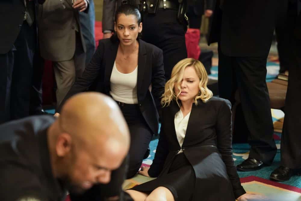 "Source" -- Jim Street debates whether or not his mother, Karen (Sherilyn Fenn), should live with him upon her prison release after Hondo and Chris warn him against it. Also, Hondo and the team are assigned to protect Irina Zemanova (Anya Monzikova), a high profile Russian journalist visiting Los Angeles, from being assassinated, on S.W.A.T., Thursday, April 26 (10:00-11:00, ET/PT) on the CBS Television Network. Pictured Left to right: Stephanie Sigman as Jessica Cortez and Anya Monzikova as Irina Zemanova. Photo: Erik Voake/CBS. é2018 CBS Broadcasting, Inc. All Rights Reserved