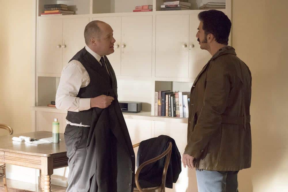 THE BLACKLIST -- "Nicholas T. Moore (#110)" Episode 520 -- Pictured: (l-r) James Spader as Raymond "Red" Reddington, Michael Aronov as Smokey Putnam -- (Photo by: Virginia Sherwood/NBC)