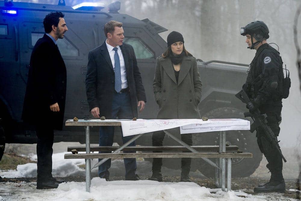 THE BLACKLIST -- "Nicholas T. Moore (#110)" Episode 520 -- Pictured: (l-r) Amir Arison as Aram Mojtabai, Diego Klattenhoff as Donald Ressler, Megan Boone as Elizabeth Keen, Michael R. Pauley as SWAT Commander -- (Photo by: Scott Gries/NBC)