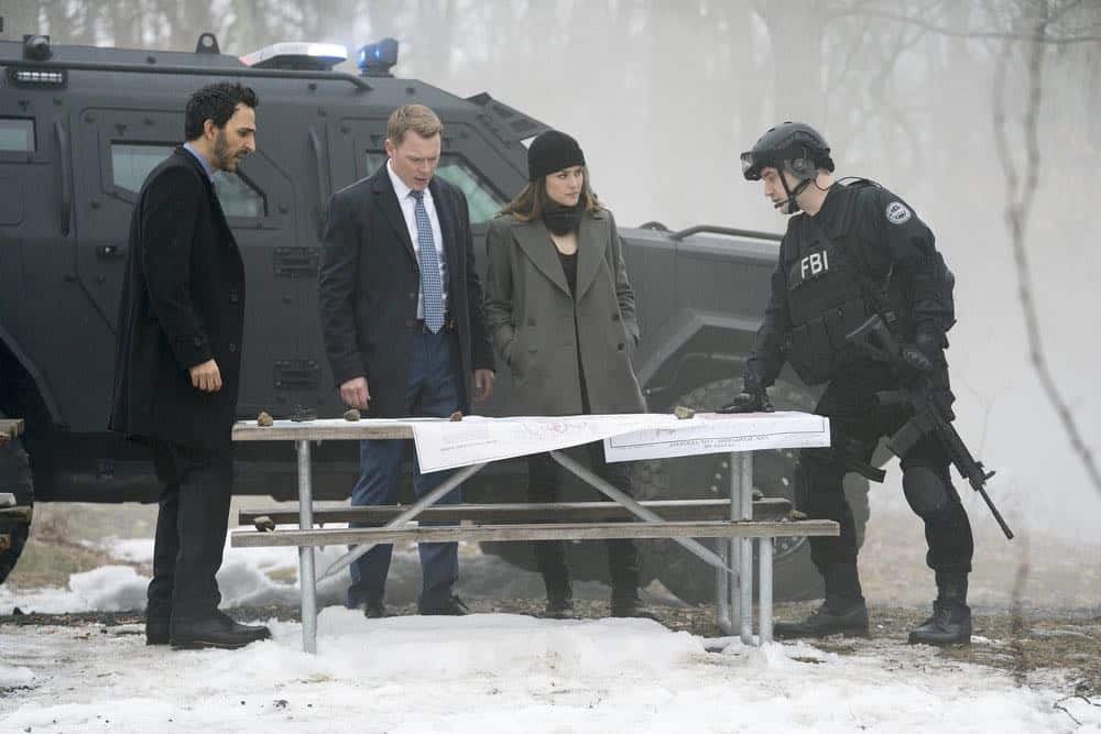 THE BLACKLIST -- "Nicholas T. Moore (#110)" Episode 520 -- Pictured: (l-r) Amir Arison as Aram Mojtabai, Diego Klattenhoff as Donald Ressler, Megan Boone as Elizabeth Keen, Michael R. Pauley as SWAT Commander -- (Photo by: Scott Gries/NBC)