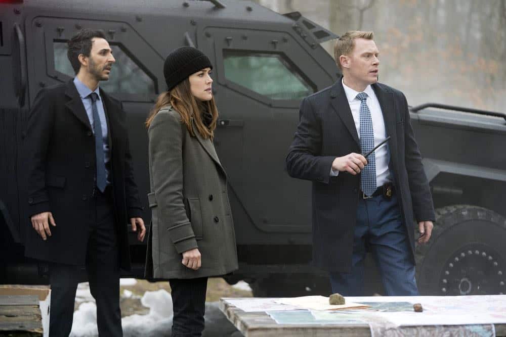 THE BLACKLIST -- "Nicholas T. Moore (#110)" Episode 520 -- Pictured: (l-r) Amir Arison as Aram Mojtabai, Megan Boone as Elizabeth Keen, Diego Klattenhoff as Donald Ressler -- (Photo by: Scott Gries/NBC)