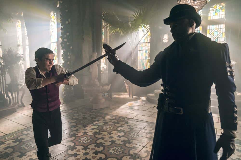 Aramis Knight as M.K., Sherman Augustus as Moon - Into the Badlands _ Season 3, Episode 2 - Photo Credit: Aidan Monaghan/AMC