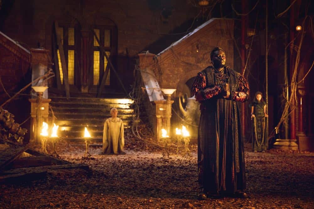 Lorraine Toussaint as Cressida, Babou Ceesay as Pilgrim, Ella-Rae Smith as Nix - Into the Badlands _ Season 3, Episode 2 - Photo Credit: Aidan Monaghan/AMC