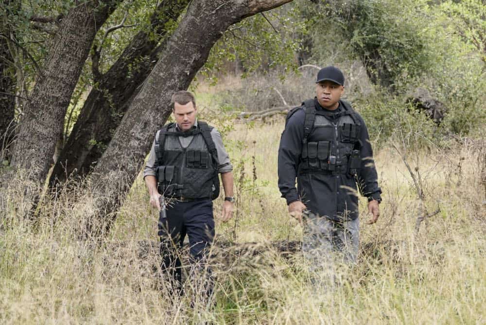 "Reentry" - Pictured: Chris O'Donnell (Special Agent G. Callen) and LL COOL J (Special Agent Sam Hanna). Callen, Sam and Nell travel to the Angeles Forest to search for pieces of a failed rocket launch, including a top-secret government device. Also, Hetty tries to help Keane (Jeff Kober) acclimate to life in the states, on NCIS: LOS ANGELES, Sunday, April 29 (9:00-10:00 PM, ET/PT) on the CBS Television Network. Photo: Bill Inoshita/CBS é2018 CBS Broadcasting, Inc. All Rights Reserved.