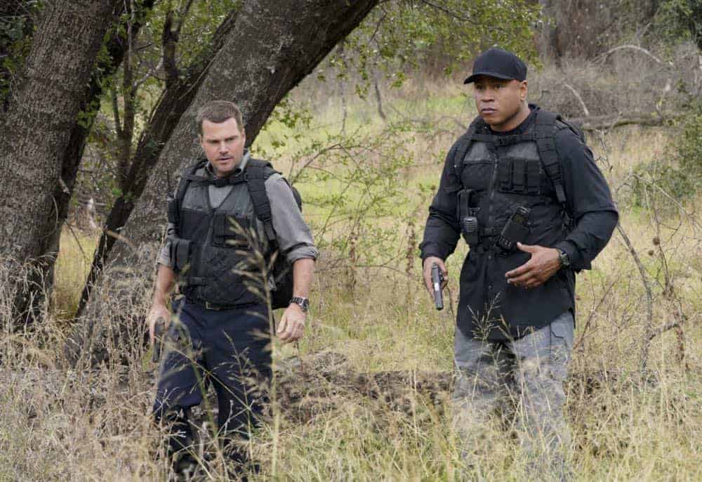 "Reentry" - Pictured: Chris O'Donnell (Special Agent G. Callen) and LL COOL J (Special Agent Sam Hanna). Callen, Sam and Nell travel to the Angeles Forest to search for pieces of a failed rocket launch, including a top-secret government device. Also, Hetty tries to help Keane (Jeff Kober) acclimate to life in the states, on NCIS: LOS ANGELES, Sunday, April 29 (9:00-10:00 PM, ET/PT) on the CBS Television Network. Photo: Bill Inoshita/CBS é2018 CBS Broadcasting, Inc. All Rights Reserved.