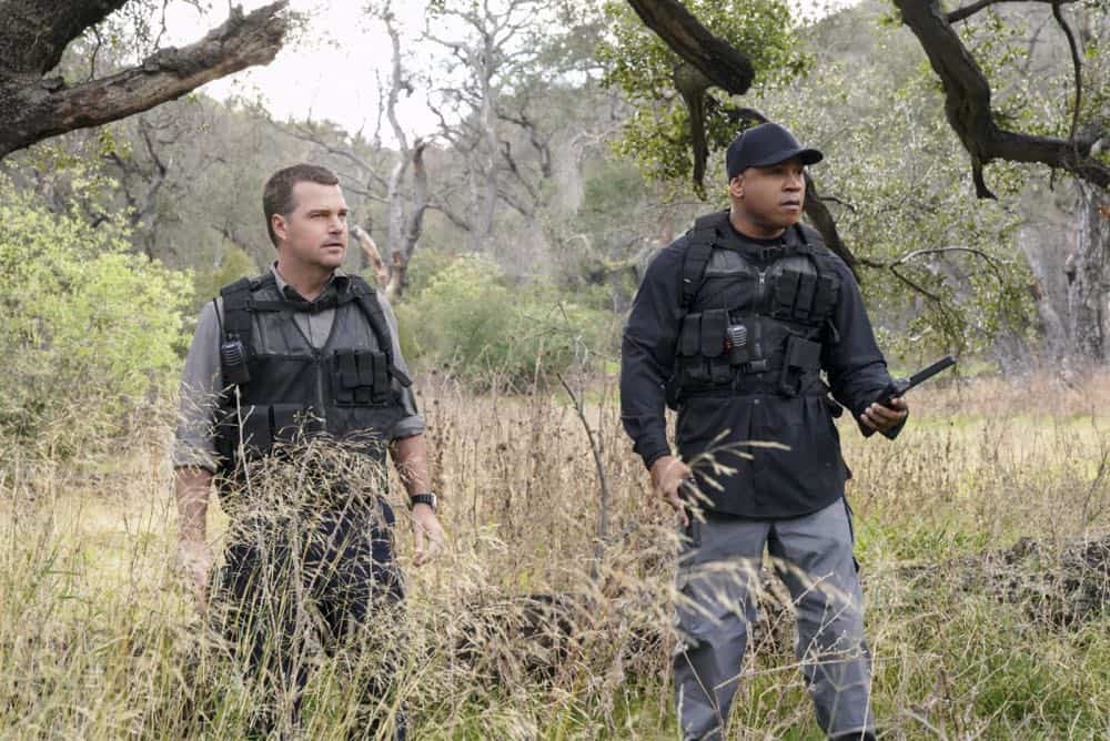 "Reentry" - Pictured: Chris O'Donnell (Special Agent G. Callen) and LL COOL J (Special Agent Sam Hanna). Callen, Sam and Nell travel to the Angeles Forest to search for pieces of a failed rocket launch, including a top-secret government device. Also, Hetty tries to help Keane (Jeff Kober) acclimate to life in the states, on NCIS: LOS ANGELES, Sunday, April 29 (9:00-10:00 PM, ET/PT) on the CBS Television Network. Photo: Bill Inoshita/CBS é2018 CBS Broadcasting, Inc. All Rights Reserved.