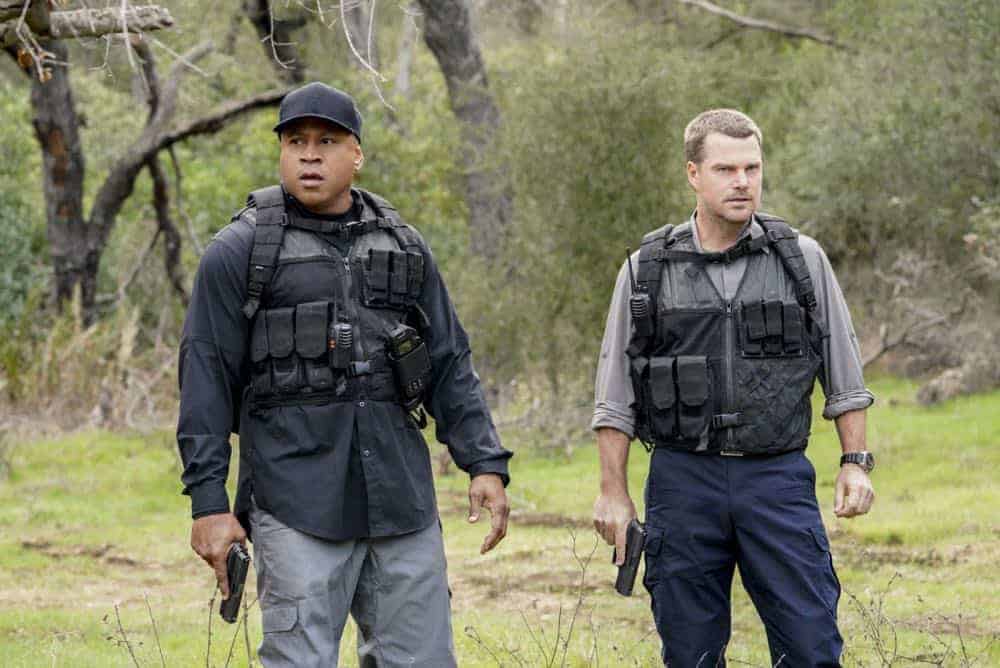 "Reentry" - Pictured: Chris O'Donnell (Special Agent G. Callen) and LL COOL J (Special Agent Sam Hanna). Callen, Sam and Nell travel to the Angeles Forest to search for pieces of a failed rocket launch, including a top-secret government device. Also, Hetty tries to help Keane (Jeff Kober) acclimate to life in the states, on NCIS: LOS ANGELES, Sunday, April 29 (9:00-10:00 PM, ET/PT) on the CBS Television Network. Photo: Bill Inoshita/CBS é2018 CBS Broadcasting, Inc. All Rights Reserved.