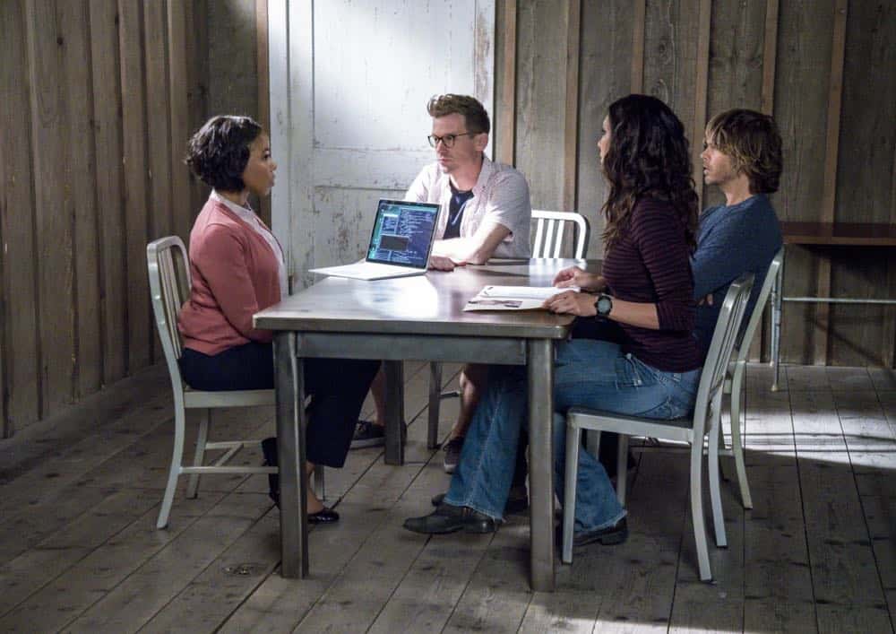 "Reentry" - Pictured: Barrett Foa (Tech Operator Eric Beale), Daniela Ruah (Special Agent Kensi Blye) and Eric Christian Olsen (LAPD Liaison Marty Deeks). Callen, Sam and Nell travel to the Angeles Forest to search for pieces of a failed rocket launch, including a top-secret government device. Also, Hetty tries to help Keane (Jeff Kober) acclimate to life in the states, on NCIS: LOS ANGELES, Sunday, April 29 (9:00-10:00 PM, ET/PT) on the CBS Television Network. Photo: Bill Inoshita/CBS é2018 CBS Broadcasting, Inc. All Rights Reserved.