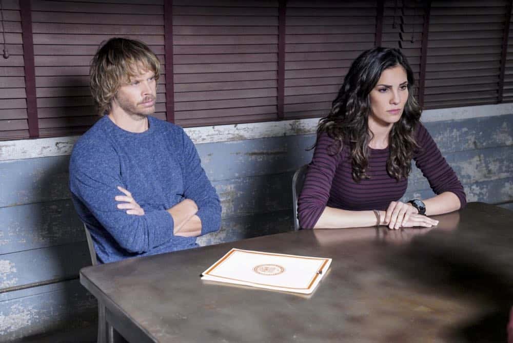 "Reentry" - Pictured: Eric Christian Olsen (LAPD Liaison Marty Deeks) and Daniela Ruah (Special Agent Kensi Blye). Callen, Sam and Nell travel to the Angeles Forest to search for pieces of a failed rocket launch, including a top-secret government device. Also, Hetty tries to help Keane (Jeff Kober) acclimate to life in the states, on NCIS: LOS ANGELES, Sunday, April 29 (9:00-10:00 PM, ET/PT) on the CBS Television Network. Photo: Bill Inoshita/CBS é2018 CBS Broadcasting, Inc. All Rights Reserved.