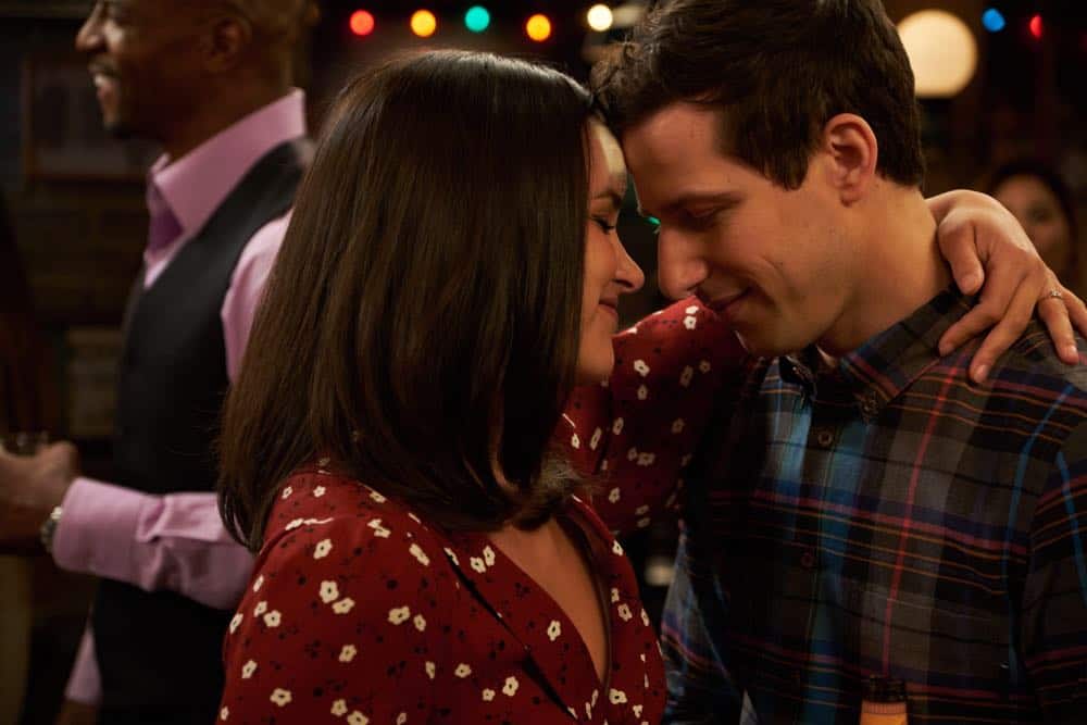 BROOKLYN NINE-NINE: L-R: Melissa Fumero and Andy Samberg in the “Bachelor/ette Party” episode of BROOKLYN NINE-NINE airing Sunday, April 29 (8:30-9:00 PM ET/PT) on FOX. CR: FOX