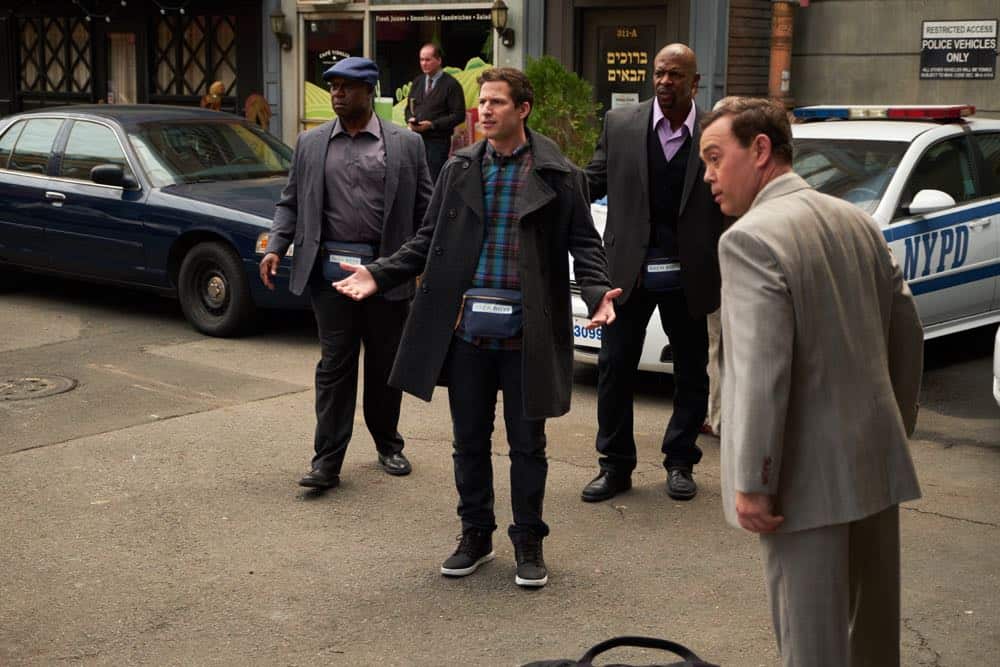 BROOKLYN NINE-NINE: L-R: Andre Braugher, Andy Samberg, Terry crews and Joe Lo Truglio in the “Bachelor/ette Party” episode of BROOKLYN NINE-NINE airing Sunday, April 29 (8:30-9:00 PM ET/PT) on FOX. CR: FOX
