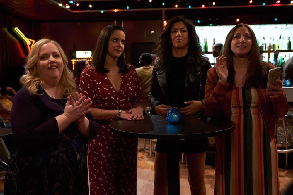 BROOKLYN NINE-NINE: L-R: Guest star Sarah Baker, Melissa Fumero, Stephanie Beatriz and Chelsea Peretti in the “Bachelor/ette Party” episode of BROOKLYN NINE-NINE airing Sunday, April 29 (8:30-9:00 PM ET/PT) on FOX. CR: FOX