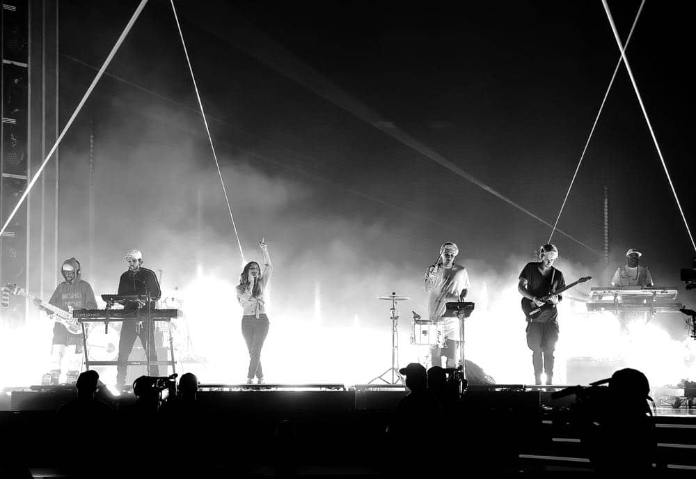 LAS VEGAS, NV - MAY 19: (EDITORS NOTE: This image has been converted to black and white. Color image available.) (L-R) Zedd and Maren Morris with Michael Trewartha and Kyle Trewartha of Duo rehearse onstage for the 2018 Billboard Music Awards at MGM Grand Garden Arena on May 19, 2018 in Las Vegas, Nevada. (Photo by Kevin Winter/Getty Images for dcp) *** Local Caption *** Zedd; Maren Morris; Michael Trewartha; Kyle Trewartha