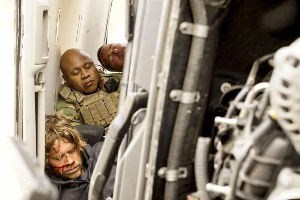 "To Live And Die In Mexico" -- Pictured: Eric Christian Olsen (LAPD Liaison Marty Deeks), LL COOL J (Special Agent Sam Hanna) and Chris O'Donnell (Special Agent G. Callen). Gravely injured and unable to communicate to the team in Los Angeles, Callen, Sam and Kensi, with an unconscious Deeks in tow, search for help and a way home during their off-the-books mission in Mexico, on the tenth series premiere of NCIS: LOS ANGELES, Sunday, Sept. 30 (9:30-10:30, ET/PT), on the CBS Television Network. Photo: Cliff Lipson/CBS é2018 CBS Broadcasting, Inc. All Rights Reserved.