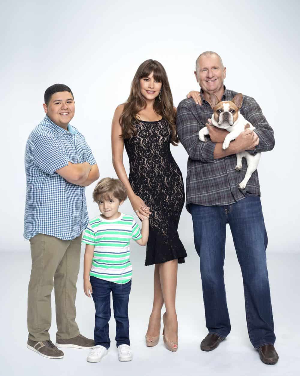 MODERN FAMILY - ABC's "Modern Family" stars Rico Rodriguez as Manny Delgado, Jeremy Maguire as Joe Pritchett, Sofia Vergara as Gloria Delgado-Pritchett, and Ed O'Neill as Jay Pritchett. (ABC/Robert Ashcroft) MODERN FAMILY - ABC's "Modern Family" stars Rico Rodriguez as Manny Delgado, Jeremy Maguire as Joe Pritchett, Sofia Vergara as Gloria Delgado-Pritchett, and Ed O'Neill as Jay Pritchett. (ABC/Robert Ashcroft)