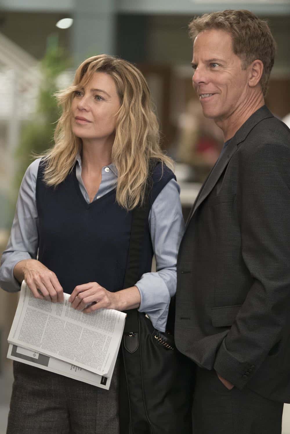 GREY'S ANATOMY - "With a Wonder and a Wild Desire"/"Broken Together" - During the first hour of the two-hour season premiere, the doctors at Grey Sloan Memorial vie for a new position. Meredith is seemingly distracted and struggles to stay focused, and Maggie finds herself the keeper of a big secret while Amelia and Owen try to figure out their relationship. Meanwhile, Jo and Alex's honeymoon doesn't go exactly as planned. In the second hour, new doctors continue to shake up the hospital in typical Grey Sloan manner. Meredith bonds with a patient while Jackson struggles with the meaning behind recent experiences; and after making a life-changing decision, Jo forms an unexpected alliance. The two-hour season premiere of "Grey's Anatomy" airs THURSDAY, SEPT. 27 (8:00-10:00 p.m. EDT), on The ABC Television Network. (ABC/Eric McCandless) ELLEN POMPEO, GREG GERMANN
