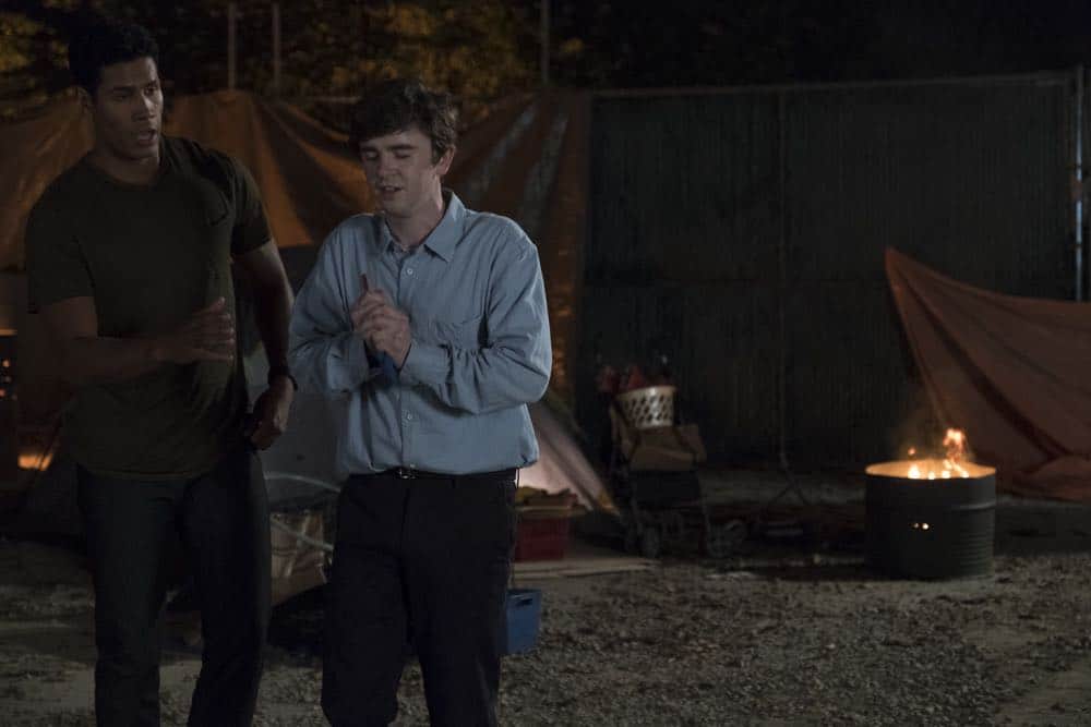 THE GOOD DOCTOR - "Hello" - Shaun’s (Freddie Highmore) proposed treatment for a homeless patient puts him and Jared (Chuku Modu) in Andrews’ (Hill Harper) crosshairs. Meanwhile, Claire (Antonia Thomas) tries to overcome Melendez’s (Nicholas Gonzalez) reluctance to do a risky heart operation while Glassman (Richard Schiff) must overcome his personal feelings about his oncologist, Dr. Marina Blaize (guest star Lisa Edelstein), and face a difficult decision about his health, on the season premiere of "The Good Doctor," MONDAY, SEPT. 24 (10:00-11:00 p.m. EDT), on The ABC Television Network. (ABC/Jeff Weddell) CHUKU MODU, FREDDIE HIGHMORE