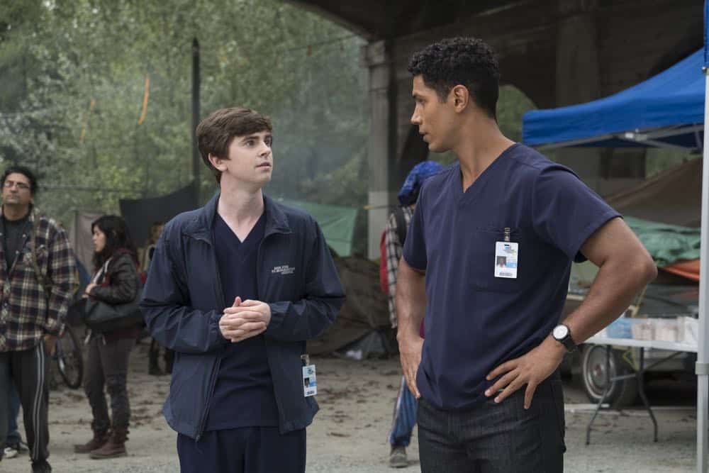 THE GOOD DOCTOR - "Hello" - Shaun’s (Freddie Highmore) proposed treatment for a homeless patient puts him and Jared (Chuku Modu) in Andrews’ (Hill Harper) crosshairs. Meanwhile, Claire (Antonia Thomas) tries to overcome Melendez’s (Nicholas Gonzalez) reluctance to do a risky heart operation while Glassman (Richard Schiff) must overcome his personal feelings about his oncologist, Dr. Marina Blaize (guest star Lisa Edelstein), and face a difficult decision about his health, on the season premiere of "The Good Doctor," MONDAY, SEPT. 24 (10:00-11:00 p.m. EDT), on The ABC Television Network. (ABC/Jeff Weddell) FREDDIE HIGHMORE, CHUKU MODU
