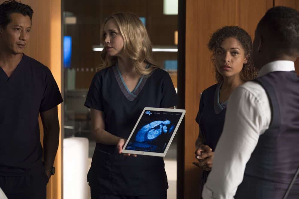 THE GOOD DOCTOR - "Hello" - Shaun’s (Freddie Highmore) proposed treatment for a homeless patient puts him and Jared (Chuku Modu) in Andrews’ (Hill Harper) crosshairs. Meanwhile, Claire (Antonia Thomas) tries to overcome Melendez’s (Nicholas Gonzalez) reluctance to do a risky heart operation while Glassman (Richard Schiff) must overcome his personal feelings about his oncologist, Dr. Marina Blaize (guest star Lisa Edelstein), and face a difficult decision about his health, on the season premiere of "The Good Doctor," MONDAY, SEPT. 24 (10:00-11:00 p.m. EDT), on The ABC Television Network. (ABC/Jeff Weddell) WILL YUN LEE, FIONA GUBELMANN, ANTONIA THOMAS